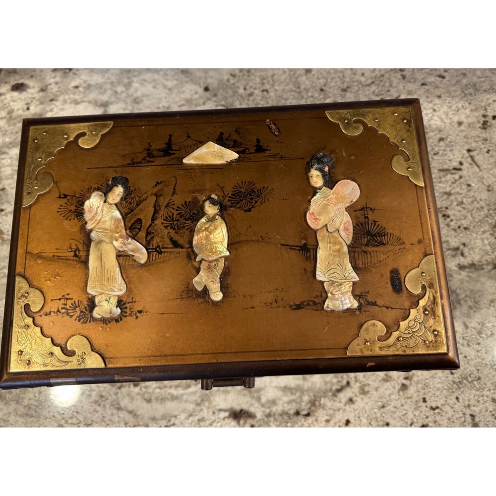 Vintage Chinese Wood Jewelry Chest Mother of Pearl‎ Inlay Brass Hardware 3-Tier